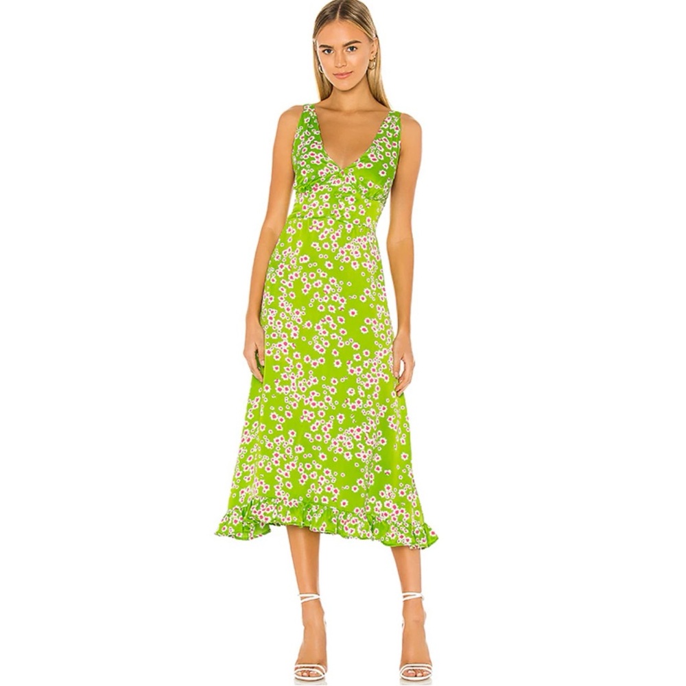 Faithfull The Brand Green Floral Emili Midi Satin Slip Dress, 4